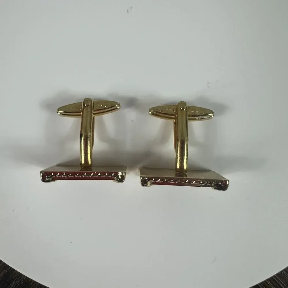 Christian Dior Cufflinks Mens Gold Tone Black Enamel Logo Rectangular Locking